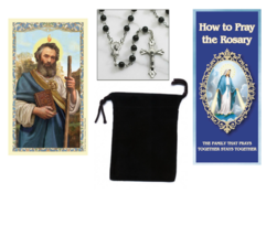 St. Jude Laminated Prayer Card, Black Glass Bead Rosary, Velour Pouch &amp; Pamphlet - £11.00 GBP