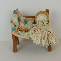 Handmade Sewn Country Girl Mop Doll Sitting Wood Bench Sewing Supplies Quilt Hat - £22.82 GBP