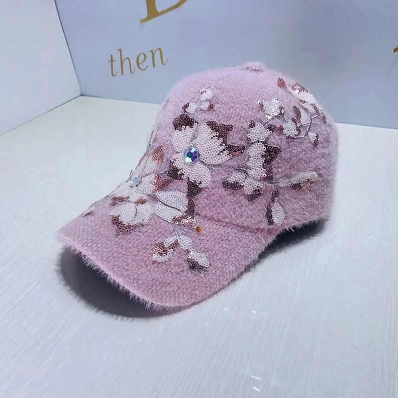 Primary image for Hat Female Sequined Diamonds Flower Warm Baseball Cap Casual Plush Medium Peaked
