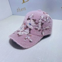 Hat Female Sequined Diamonds Flower Warm Baseball Cap Casual Plush Medium Peaked - £15.60 GBP