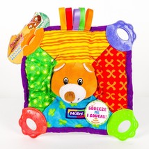 Nuby Teething Blanket Lovey Bear Teether 8&quot; Red Green Yellow Blue Ribbons - £9.21 GBP