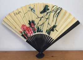 Vintage Chinese China Paper Hand Folding Fan Dragonfly Pink Lotus Flowers - £23.46 GBP