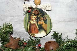 Sweet charming little girl with a deer Ornament / Wall Hanging  - £11.06 GBP