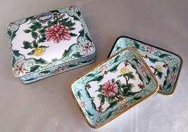 Antique Chinese Enameled Copper Hinged Aqua Floral Trinket Box w/ Two Trays - $53.90