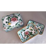 Antique Chinese Enameled Copper Hinged Aqua Floral Trinket Box w/ Two Trays - £43.08 GBP
