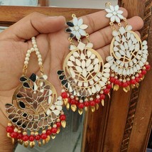 Antique Mirror Work Kundan Jewelry Set Earring Tikka Tika red Color Beads Pearl - £25.58 GBP