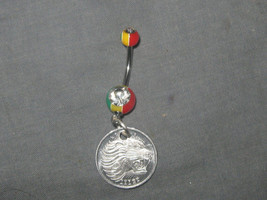 316 Surgical Steel Silver Rasta Ethiopia Lion Coin Cz Jewel 14 Gauge Belly Ring - $9.89