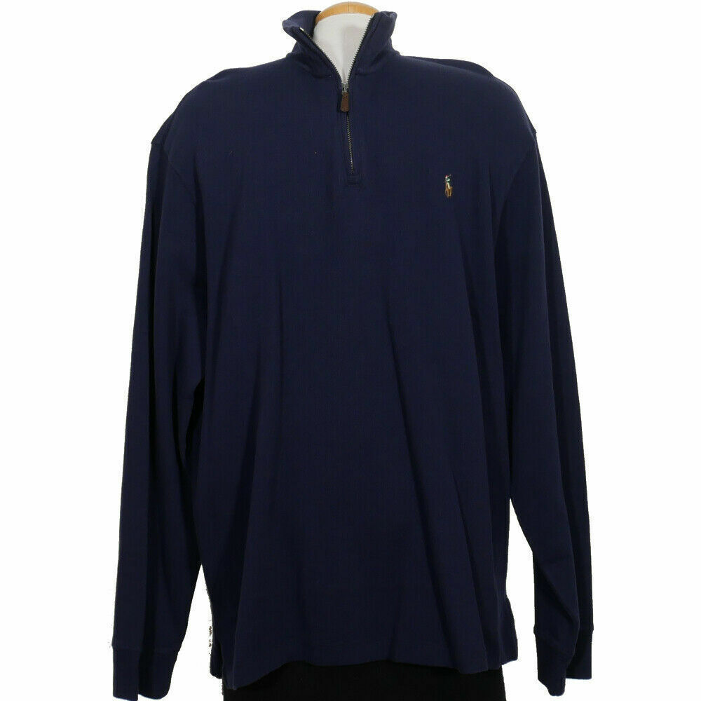 POLO RALPH LAUREN Navy Blue Cotton Estate Rib Half Zip Pullover Sweater XXL - £44.23 GBP