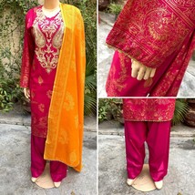 Pakistani Hot Pink Printed Straight Shirt 3-PCS Linen Suit w/ Threadwork ,L - £44.94 GBP