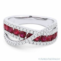 1.36ct Round Cut Red Ruby &amp; Diamond Pave Band Right-Hand Ring in 18k White Gold - £2,612.77 GBP