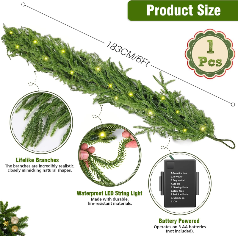 6FT Christmas Garland with Lights Battery Operated: Prelit Faux Decorations, Rea Item image 9