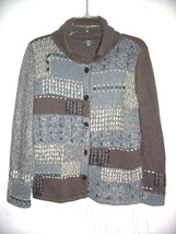 New J JILL S Wool Blend Taupe/Gray/Lt Teal Applique Patchwork Cardigan S... - $29.44