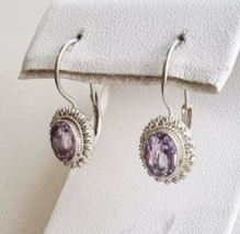 925 STERLING SILVER NATURAL OVAL 7x5 mm. AMETHYST DANGLE/DROP EARRINGS - $703.88 MXN