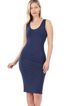 Navy Blue Midi Dress Scoop Neck Soft Cotton Knit Sleeveless - £11.48 GBP