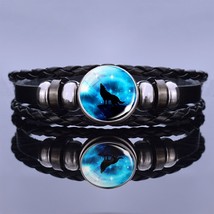 On men s women s punk bracelet wolf glass cabochon braided black leather woven bracelet thumb200