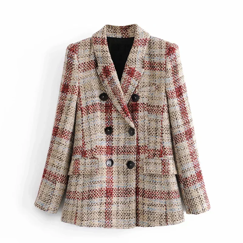 Xitimeao  Women 2021  Double Breasted Tweed Check Blazers Coat Vintage L... - $230.27