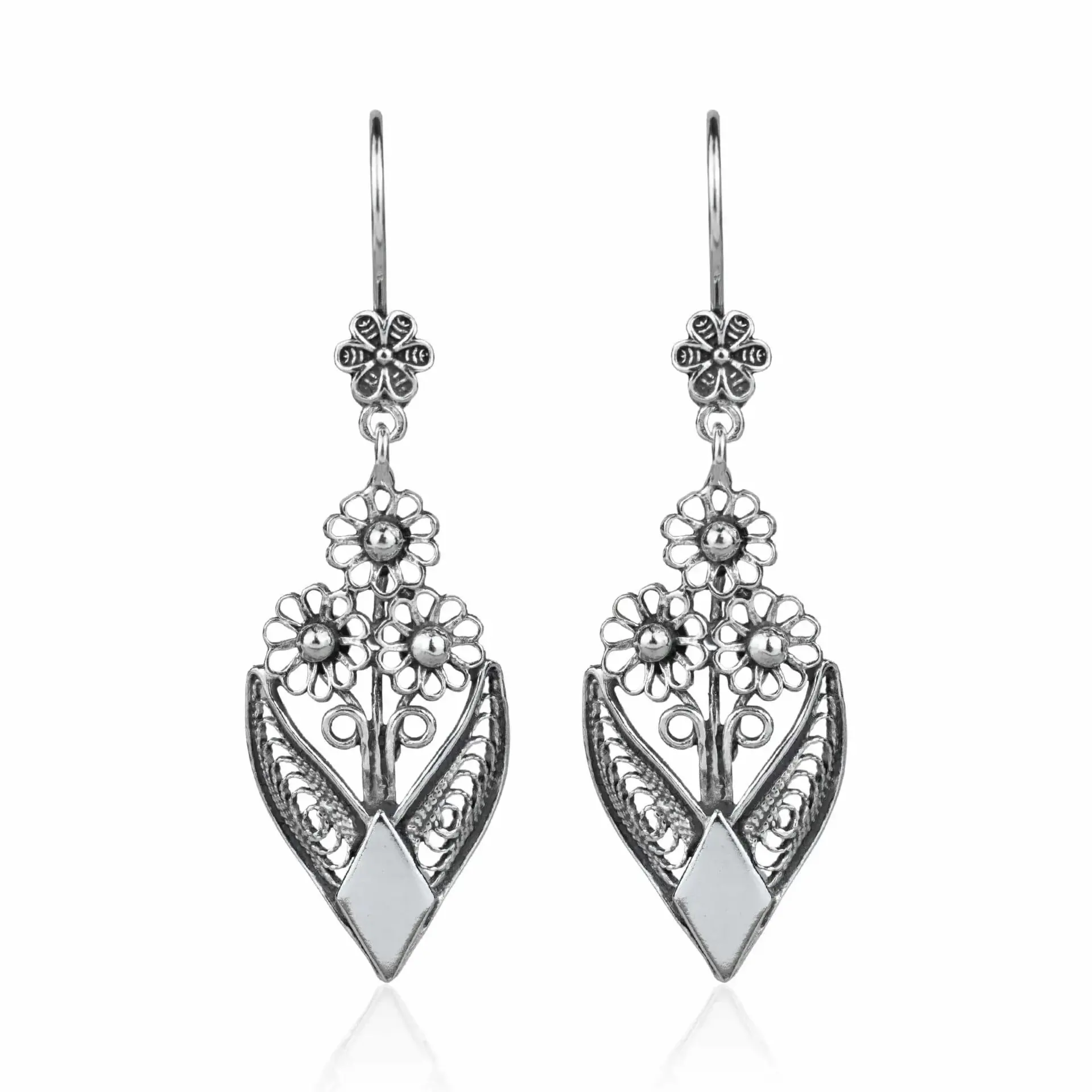 Filigree Art Bunch of Flower Women Sterling Silver Dangle Drop Earrings ... - $51.29