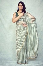 Organza Silk Saree, Multi color Stripe , Lace Work, Gift for her - £63.54 GBP