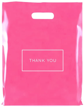 Pink Die Cut Plastic Shopping Bags With Thank You Logo 9&quot; x 12&quot; Boutique Bags - £10.97 GBP