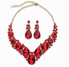 Teardrop Simulated Red Ruby Earrings Bib Necklace Set Gold Tone - £79.91 GBP