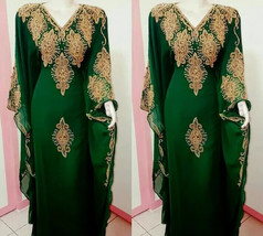 Women Moroccan Dubai Kaftan Green Farasha Handmade Fancy Long Gown Abaya Dress - $67.15