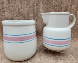 McCoy Pink &amp; Blue Striped Cream Pitcher 132 &amp; Utensil Crock Set Made in USA VTG - £44.69 GBP