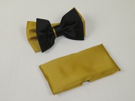 Men's 2-Tone Bow Tie/Hankie Set By J.Valintin Satin Silky JVBT-41 Black Gold image 2