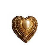 Vintage Gold Tone Faux Pearl Heart Antiqued Look Brooch Pin 1.25&quot; - £7.43 GBP
