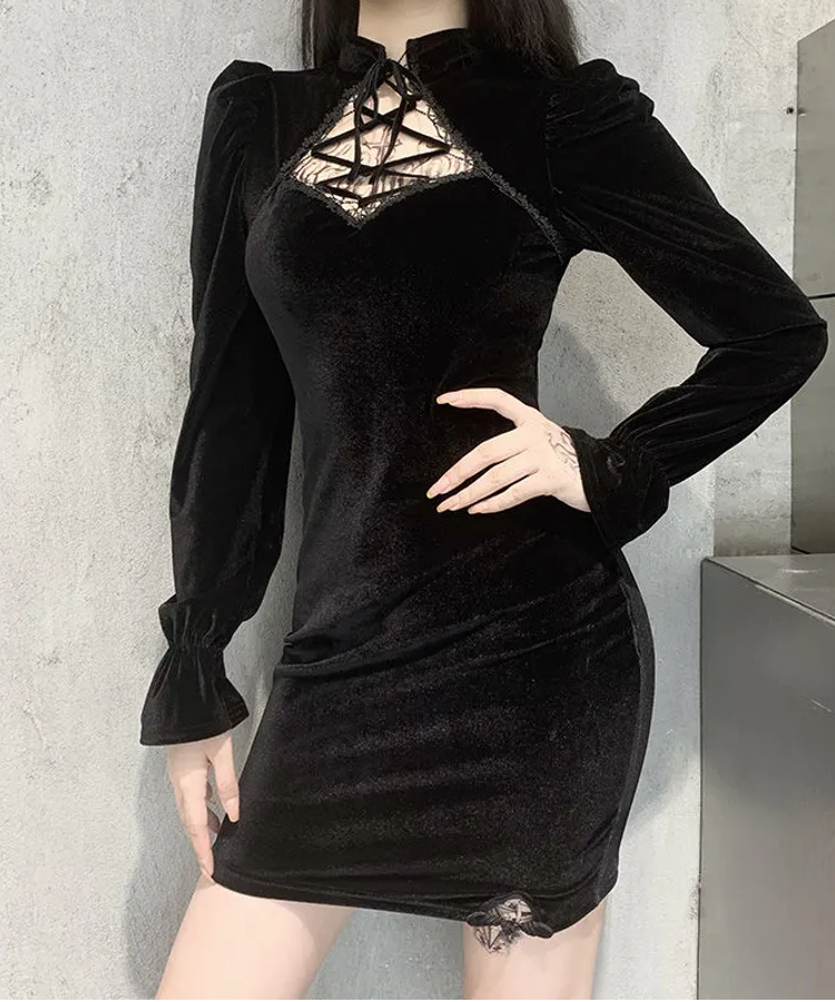 Nemesis Velvet Mini Cheongsam Dress in Black - $49.99