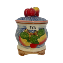 Vintage Coffee Tea Jar Bowl  w Lid 6”  Peaches Fruits Round Design Blue Ceramics - £12.78 GBP