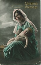 Vtg Postcard 1914 RPPC Tinted Christmas Greetings - Mary w Halo &amp; Baby Jesus  - £7.79 GBP