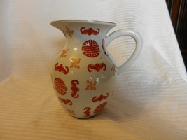 Decorative White Ceramic Chinese Water Pitcher 7.5&quot; Tall with Red, Gold ... - $50.00