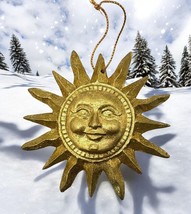 Vintage Sun Face Christmas Tree Ornament Gold Tone Celestial Double Sided - $16.89