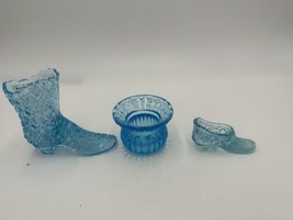 Fenton Victorian Shoes Set of 3 Mini Vase Vintage Aqua Blue Art Glass - £43.45 GBP