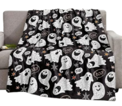 Halloween Black Happy Ghost Blanket Cute Soft Throw Plush Flannel Fall 51 x 59 - £27.05 GBP
