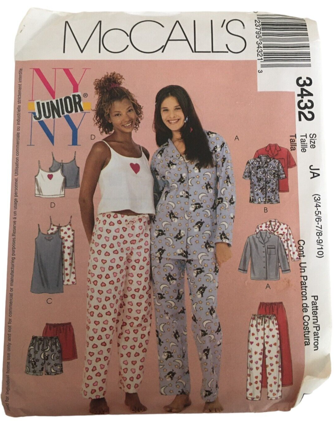 Primary image for McCalls Sewing Pattern 3432 Juniors Pajamas Top Pants Nightgown Camisole Shorts