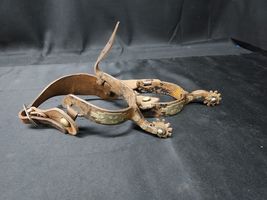 Pair Of Old Western Cowboy Spurs With Leather Straps, Ornate Silver Inla... - $79.99