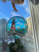 Stained Glass Suncatcher Art - Harbor Ocean Lighthouse Theme Hanging Glass Circl - £35.16 GBP