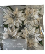 White Christmas Poinsettia with Silver Accents Napkin Rings, Set of 4 - $19.34