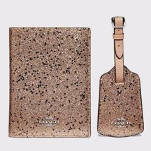 NEW! Coach Leather Travel Set Passport Case Luggage Tag Glitter Star Gold F38644 - $71.42
