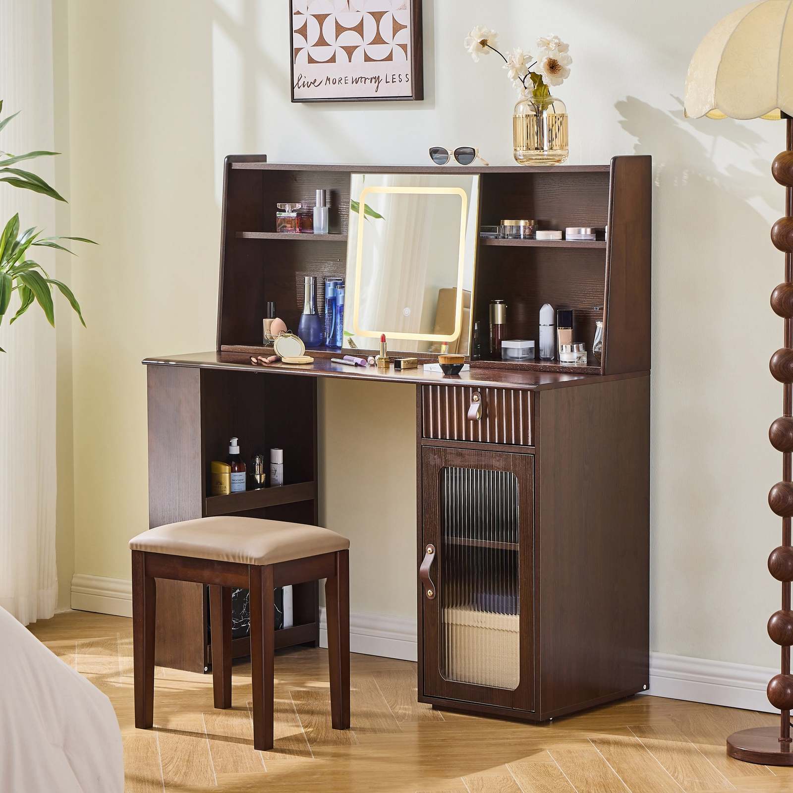 Modern Walnut Makeup Vanity Desk: Lighted Mirror & Storage Item image 11