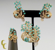Set of 18k Gold Earrings, Brooch, Ring Sz 6.5 Set w/ Pearl &amp; Turquiose C... - £3,391.06 GBP