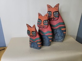 Set of 3 Laurel Burch Style Cats Wood Hand Painted Indonesia H - £15.86 GBP