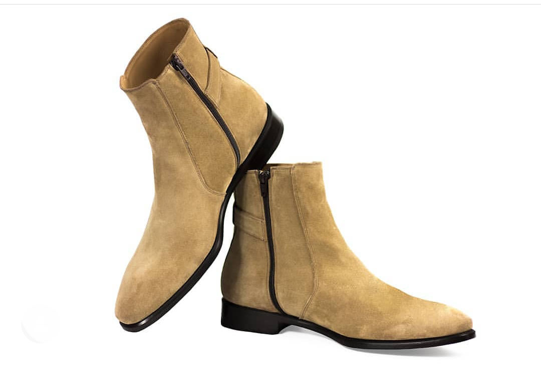 NEW  Handmade Men's Beige Jodhpurs Buckle boot, Men's Suede Side Zipper Fashion