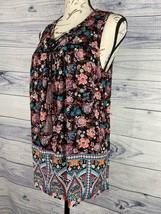 Knox Rose Sleeveless Floral Blouse Women Size Small Tie Neck Tassel Rayon Soft - £11.24 GBP
