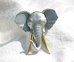 JJ Jonette Jewelry African Elephant Head Brooch Pin Pewter Gold Tone Tusk Signed - $19.79