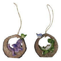 Pack of 2 Whimsical Green Purple Dragons With Birds In Tree Ring Decor O... - $24.99