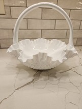 Fenton Hobnail Large White Milk glass Vintage Handled Ruffled Edge Basket Easter - $23.00