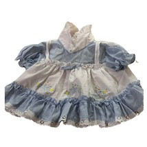 Vintage Blue Gingham Doll Dress with Embroidery &amp; Lace Trim – Puff Sleeves - $13.84