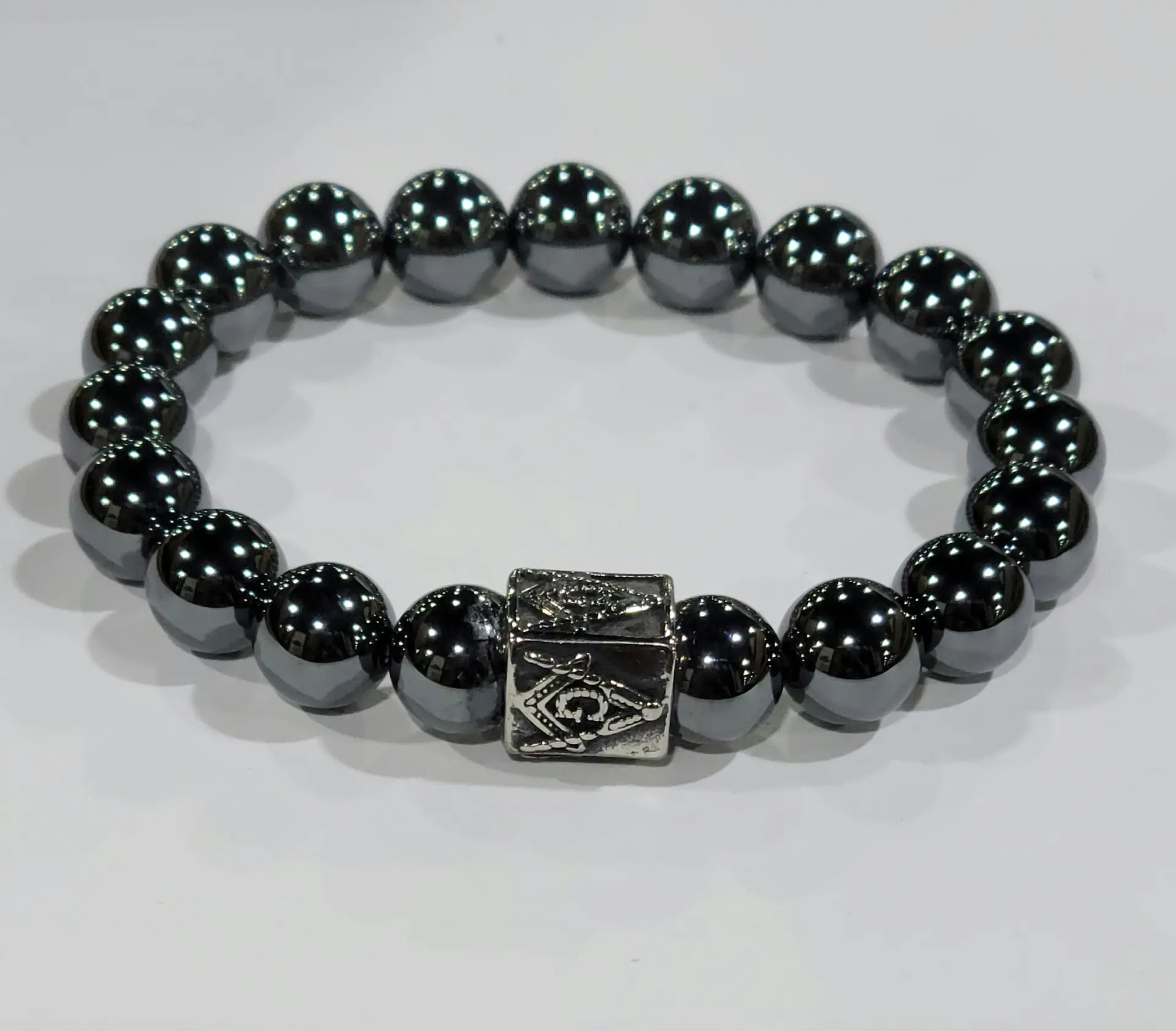 Elegant Mens Hematite Masonic Bracelet with Stainless Steel Charm - 8.25... - $69.00